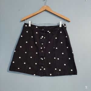 Black denim mini skirt, white embroidered flowers, size M women's